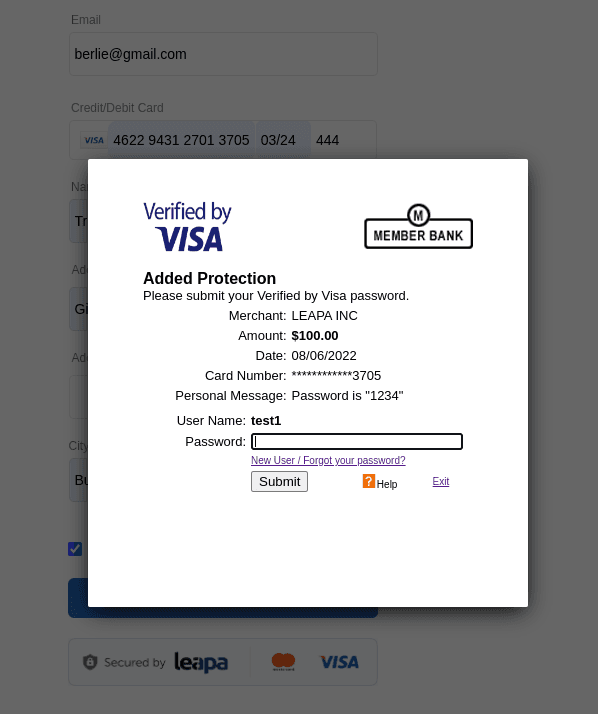 A Verified by Visa challenge from the payer’s bank, shown over the merchant’s page