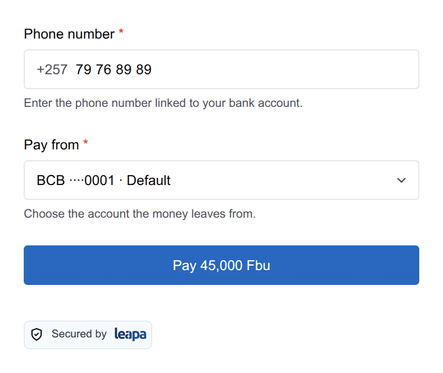 The phone rail with a complete number typed, a Pay from list showing the account BCB ····0001 · Default, and an enabled Pay 45,000 Fbu button