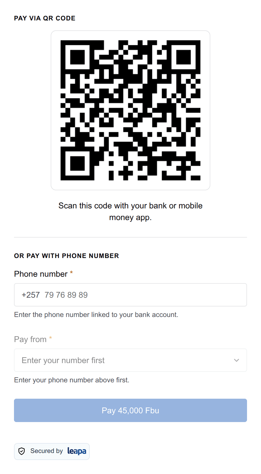 A QR code above the caption “Scan this code with your bank or mobile money app”, a rule, then a phone number field prefixed +257, a Pay from account list, and a greyed-out Pay 45,000 Fbu button