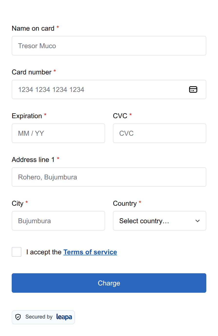 The same card form with the first name, last name and email fields gone, starting at Name on card