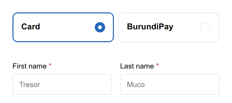 Two tiles above the payment form, Card and BurundiPay, with Card selected