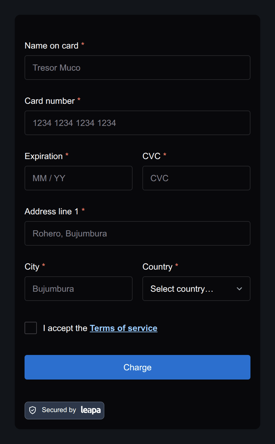The payment form in dark: near-white labels and a blue Charge button on a dark panel, sitting on a darker page