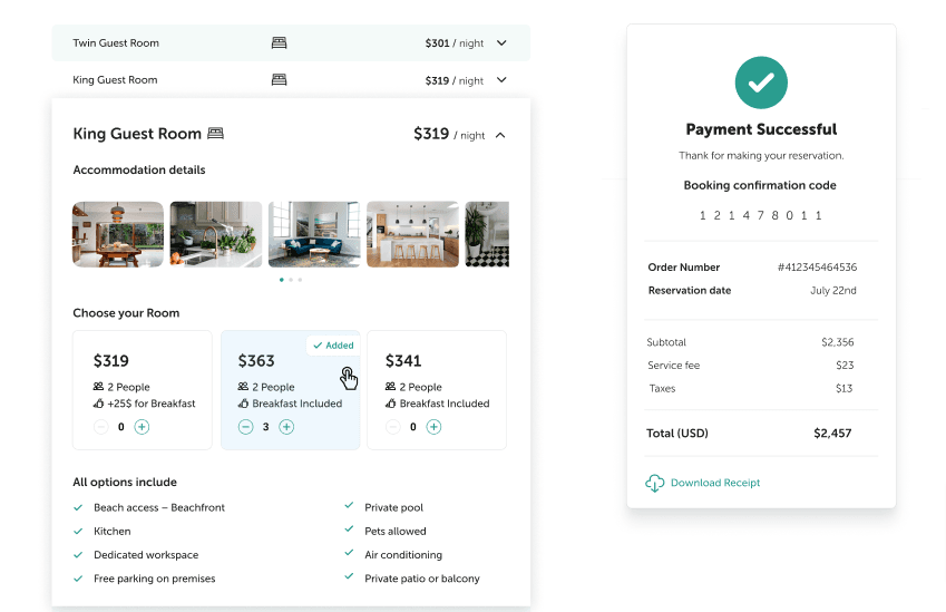 Choosing a room and paying for it on the Leapa booking engine