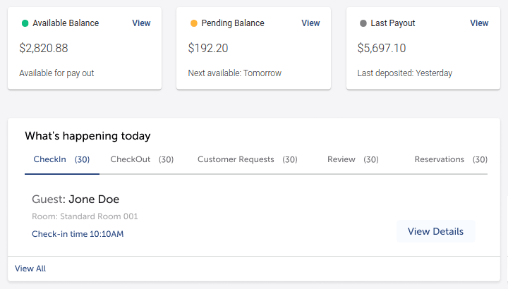 The Leapa dashboard, showing available balance, pending balance, the last payout and the day’s check-ins